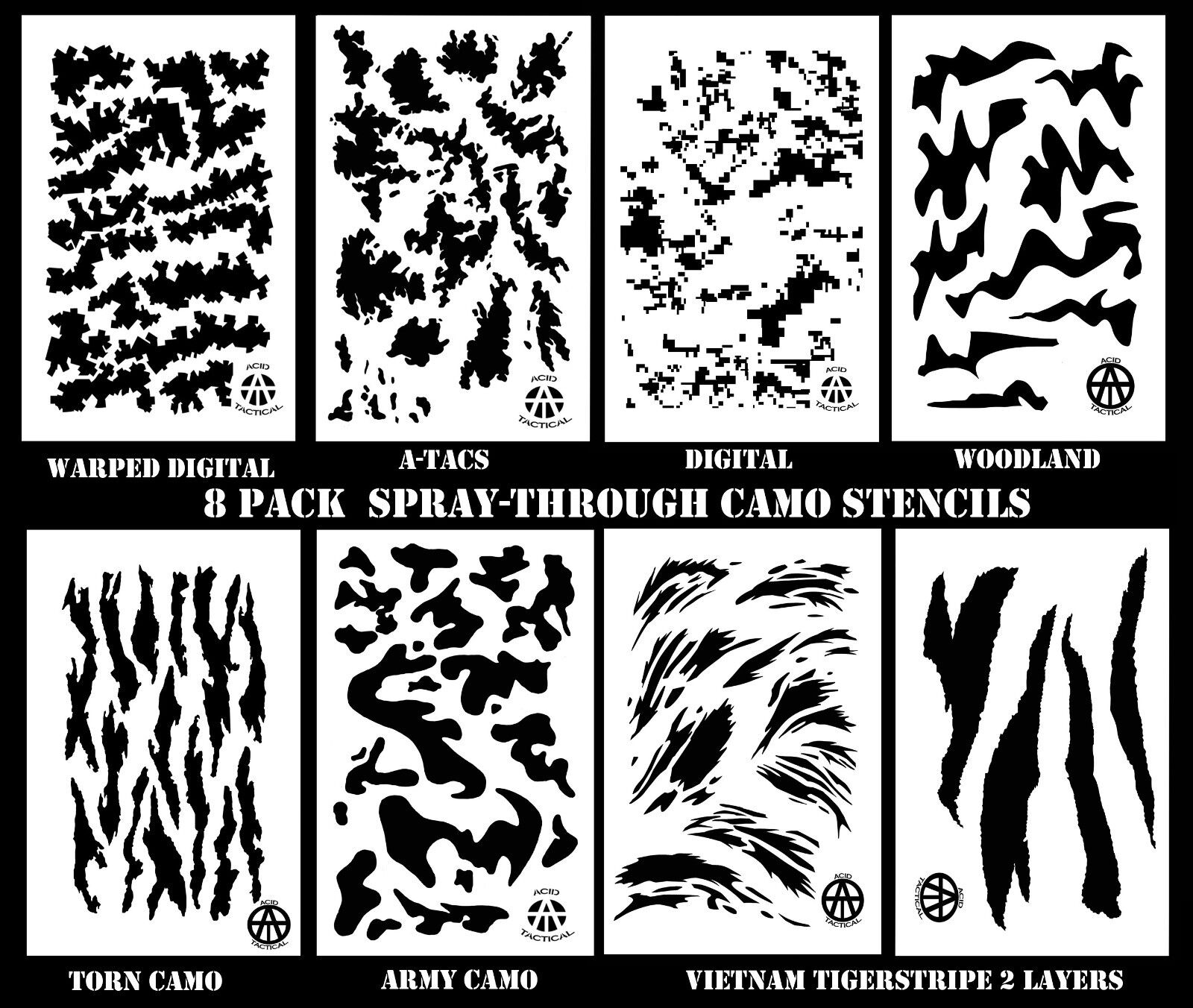 Camouflage Easy Peel Spray Paint Camo Stencils 8 PACK 