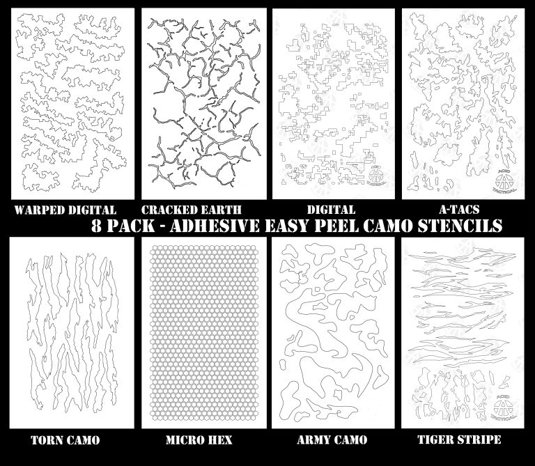 Assorted Camo Adhesive Easy Peel & Stick Stencils (8 Pack) Camo Stencils for your Camouflage